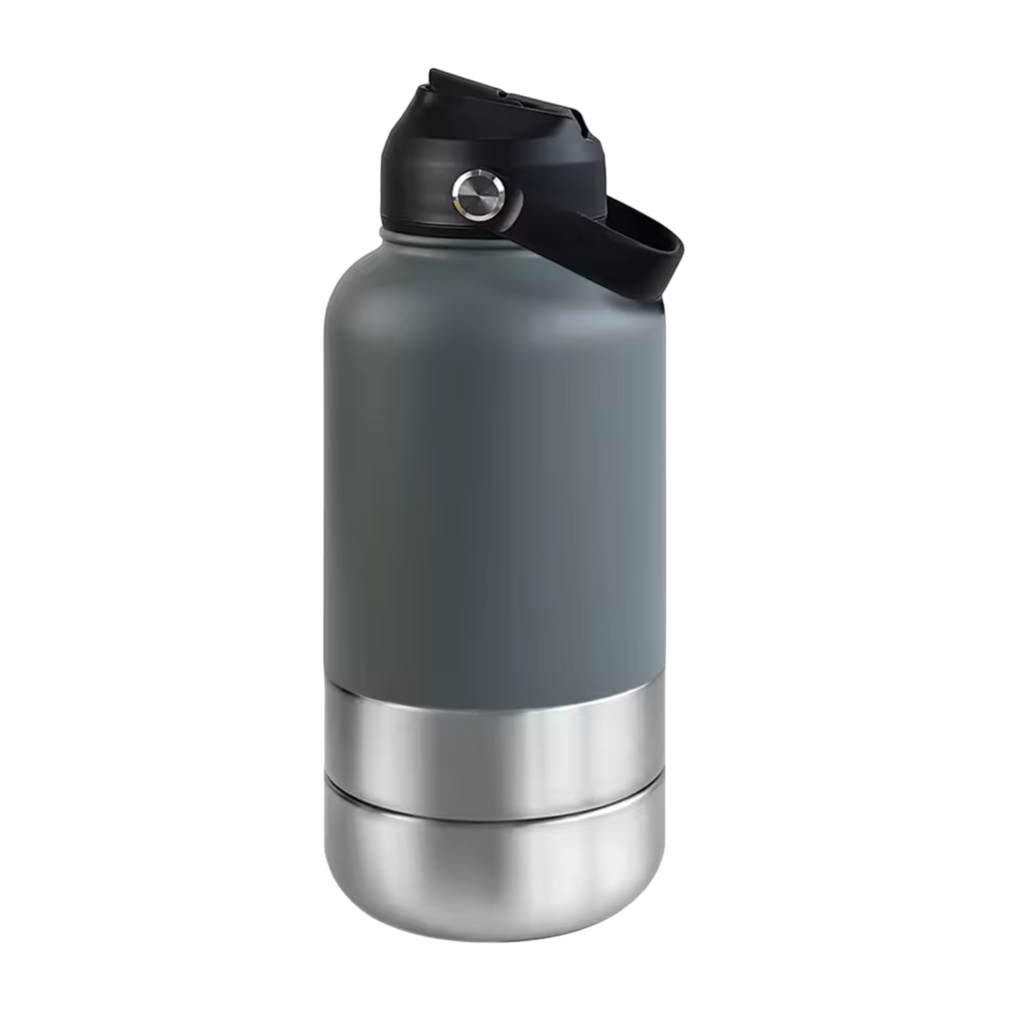 Gray insulated bottle with black lid on a white background